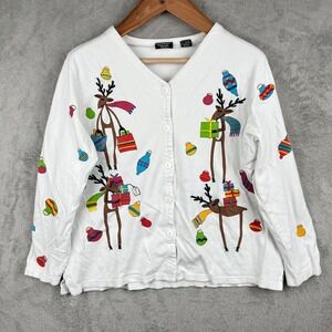 Christina Rotelli Reindeer Christmas Cardigan Sweater Womens M V-Neck FLAW